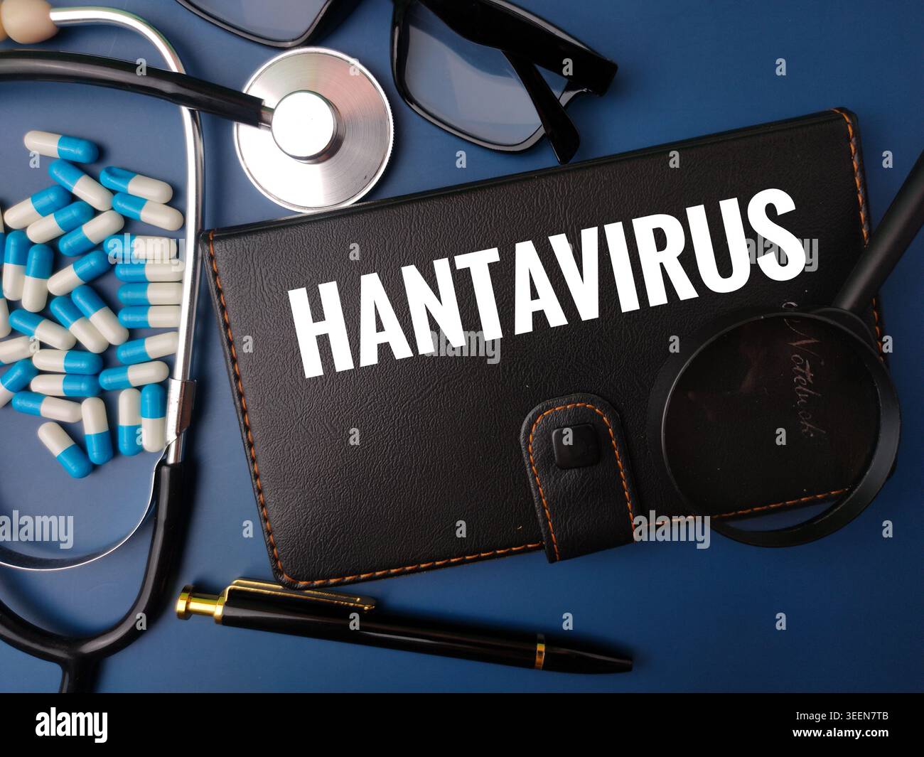 Un quaderno nero etichettato HANTAVIRUS circondato da uno stetoscopio, capsule blu, una lente di ingrandimento e una penna. Foto Stock