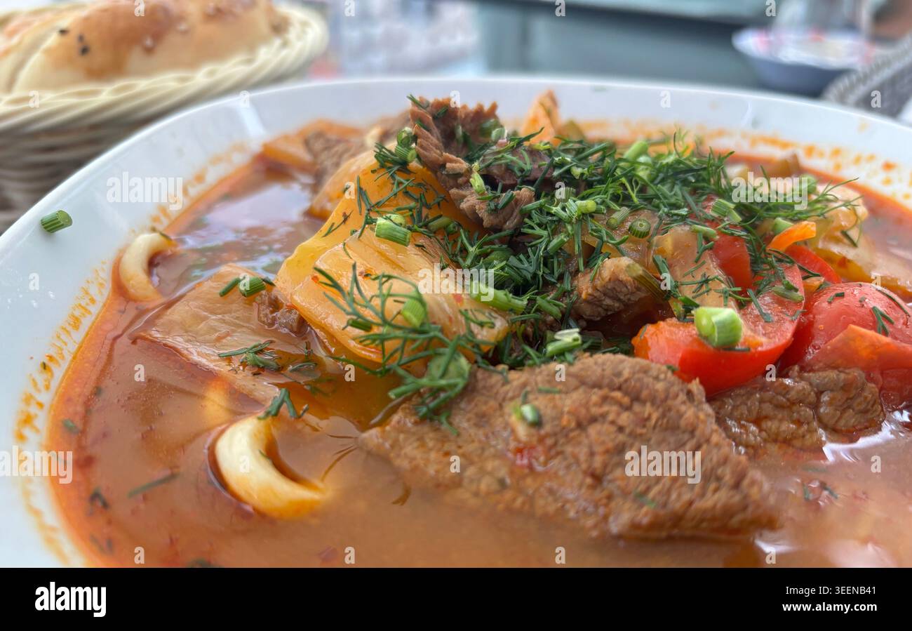 Zuppa di agnello Chorba, shurpa in ristorante arabo. Pasto kazako con carne, spezie, verdure e verdure in una ciotola bianca da vicino Foto Stock