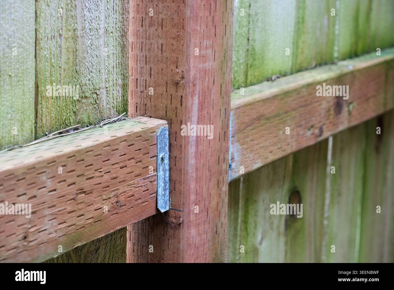 Componenti di recinzione in legno portanti trattati contro pioggia e umidità. Foto Stock