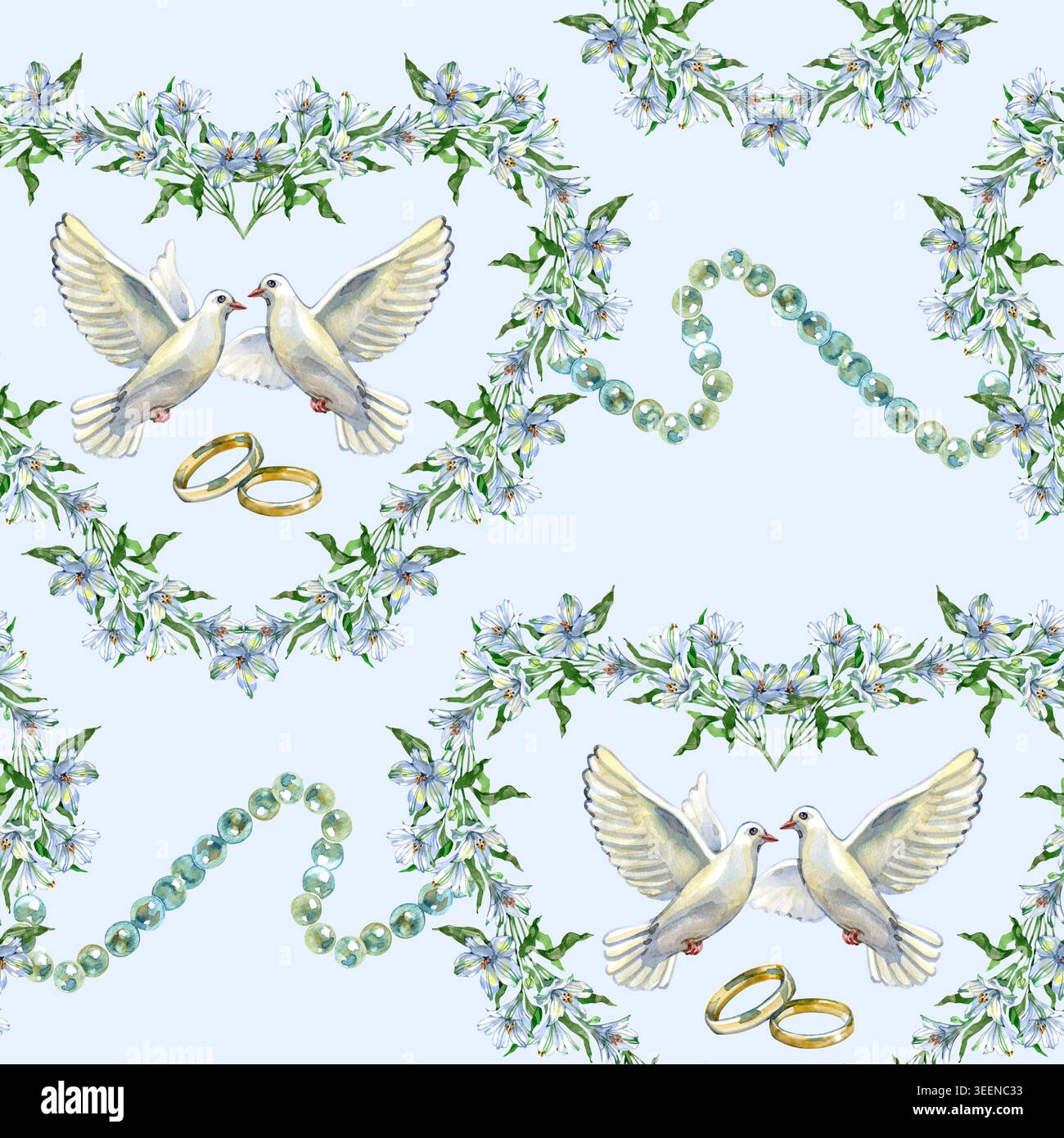 Motivo ad acquerello senza cuciture con romantici simboli di nozze: Colombe bianche, anelli d'oro e cuori floreali realizzati con fiori blu con eleganti nastri Foto Stock