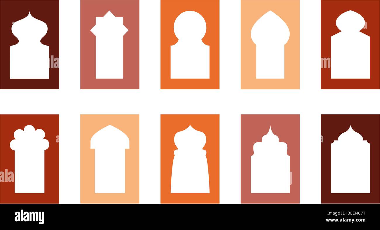 Cornici islamiche del Ramadan per il collage. Forme di porte e finestre ad arco arabo. Elementi di design con ornamento indiano. Porte musulmane orientali sul bianco Illustrazione Vettoriale