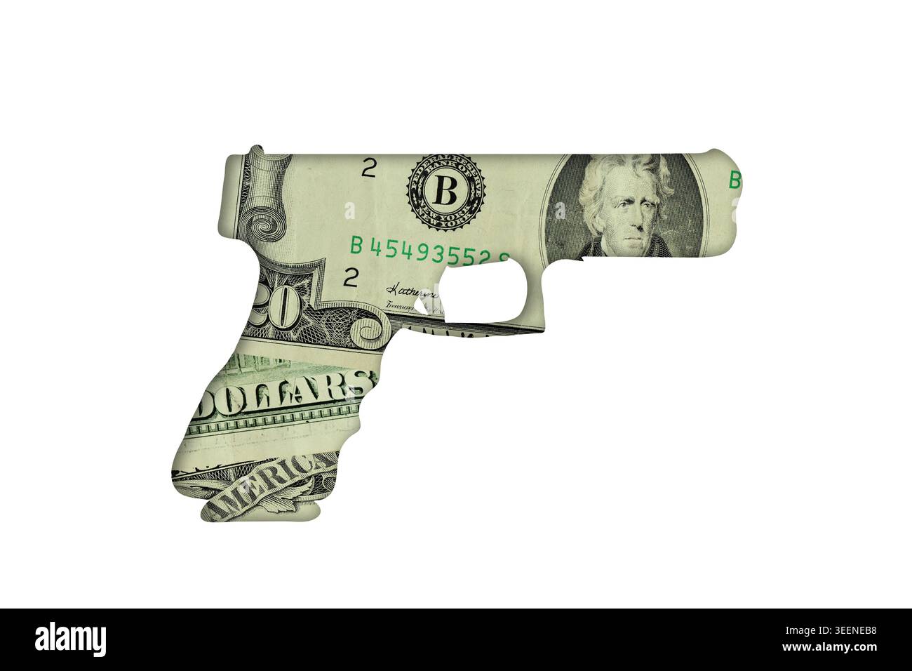 Sagoma della pistola con banconote in dollari su sfondo bianco - concetto di mercato delle armi degli Stati Uniti Foto Stock