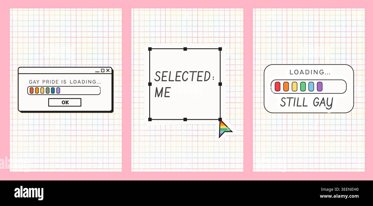 Set di banner verticali Pride Month con icone dell'interfaccia utente retro del computer sullo sfondo della griglia arcobaleno. modelli estetici di storia dei social media degli anni '90 con caricamento Illustrazione Vettoriale