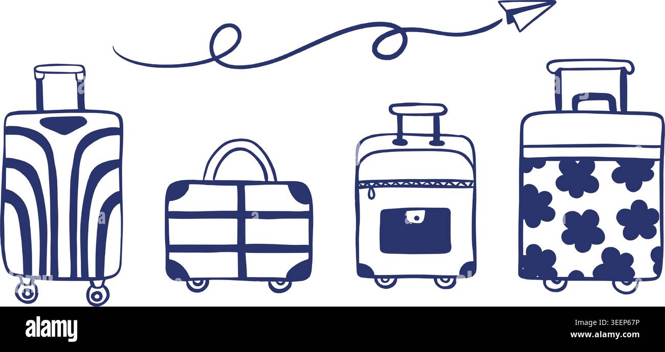Set di valigie per viaggi e avventure, stile doodle Illustrazione Vettoriale