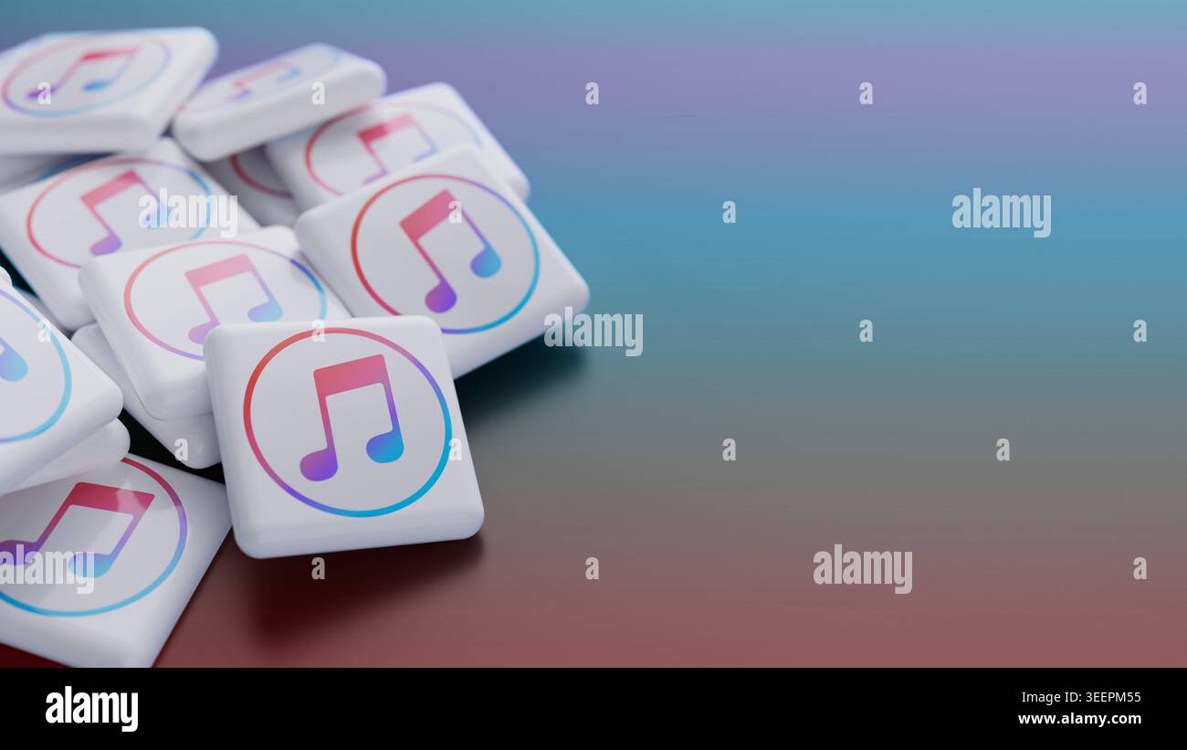 Logo del lettore multimediale Apple iTunes in una grande pila su uno sfondo colorato con spazio di copia come intestazione banner Web Foto Stock