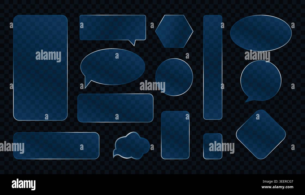 Scatola di chat in vetro blu scuro con morfismo vocale collezione di elementi in vetro trasparente smerigliato pacchetto illustrativo vettoriale Illustrazione Vettoriale