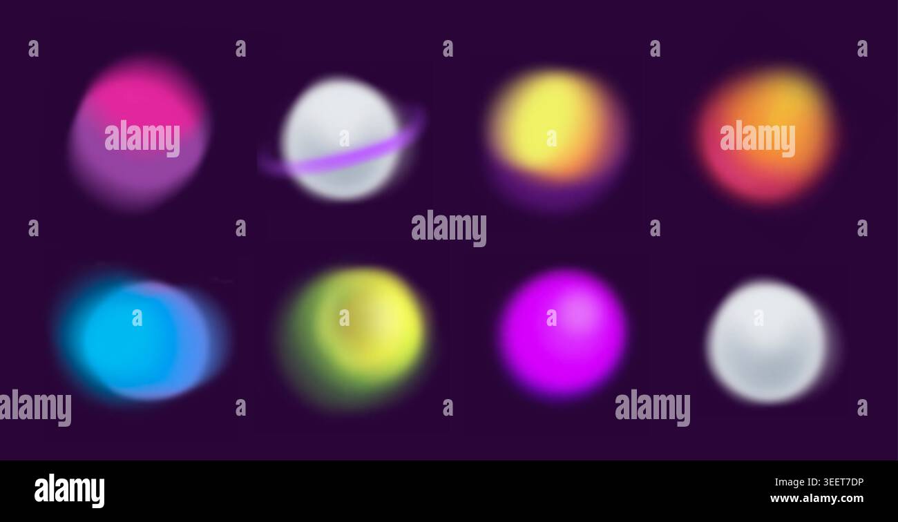 Set di forme e cerchi sfumati colorati. Set di elementi Blob. Sfumare la sfocatura rotonda, rosa, verde, viola purpureo. Illustrazione Vettoriale