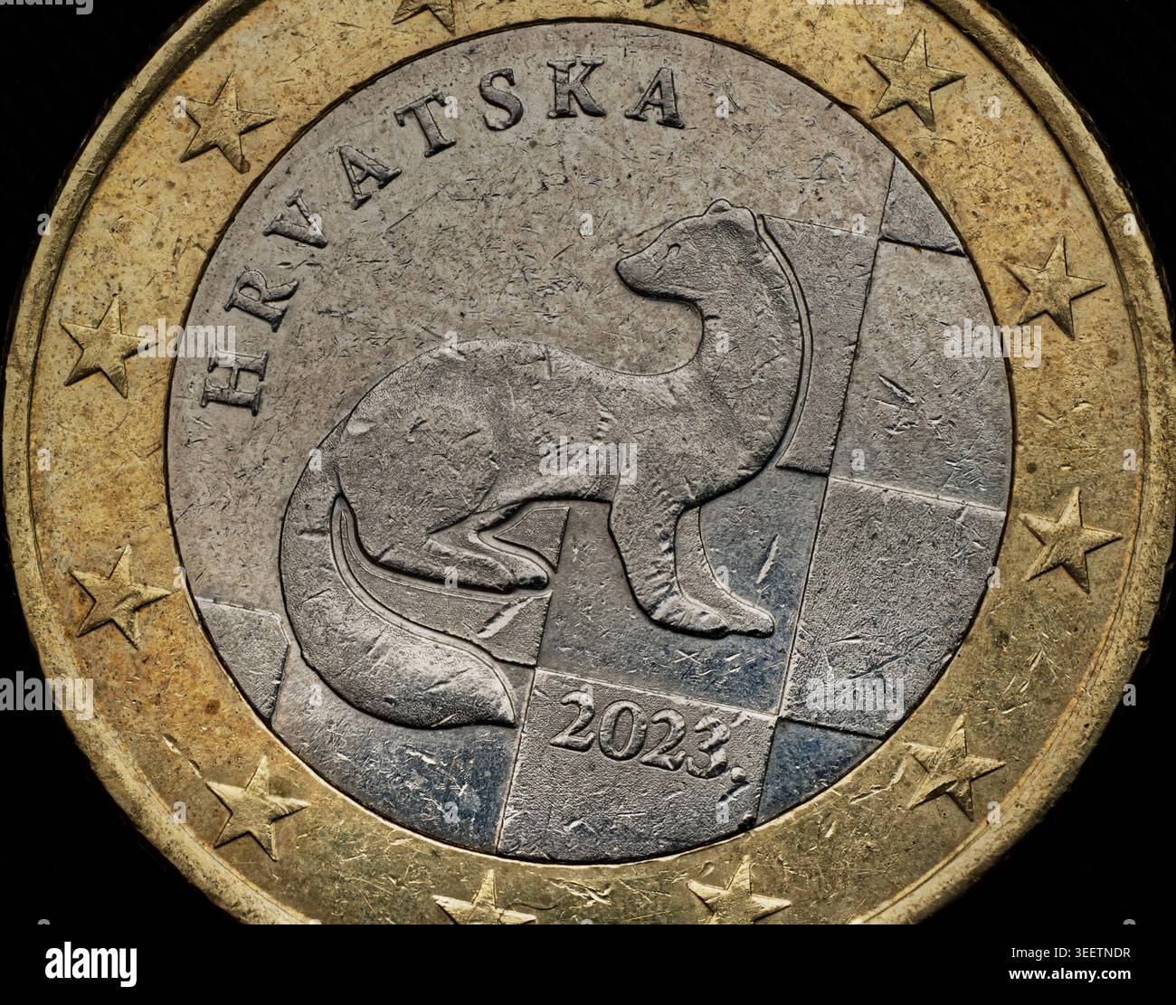 Dettaglio macro di una moneta croata da un euro dal 2023 Foto Stock