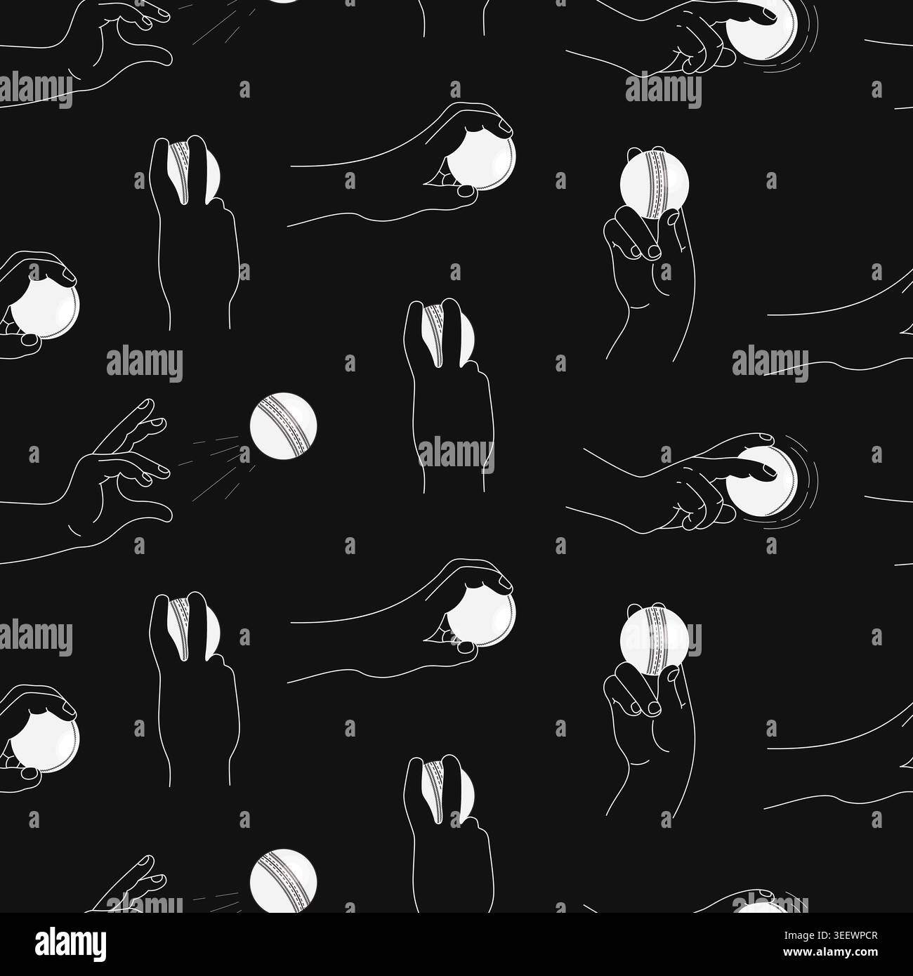Cricket White Ball Bowling Grip motivo senza cuciture. Lancette White Line Art con palla bianca su sfondo nero. Sequenza di azione manuale professionale. Vettore Illustrazione Vettoriale