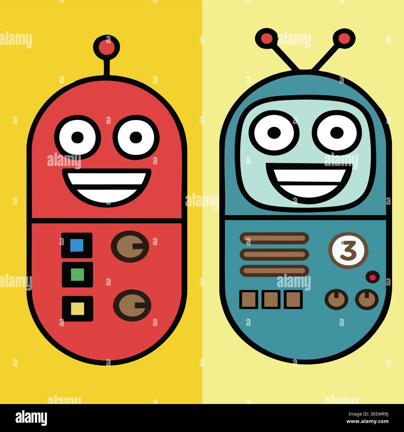Illustrazione dei robot cartoon con design geometrico colorato su sfondo giallo diviso Illustrazione Vettoriale