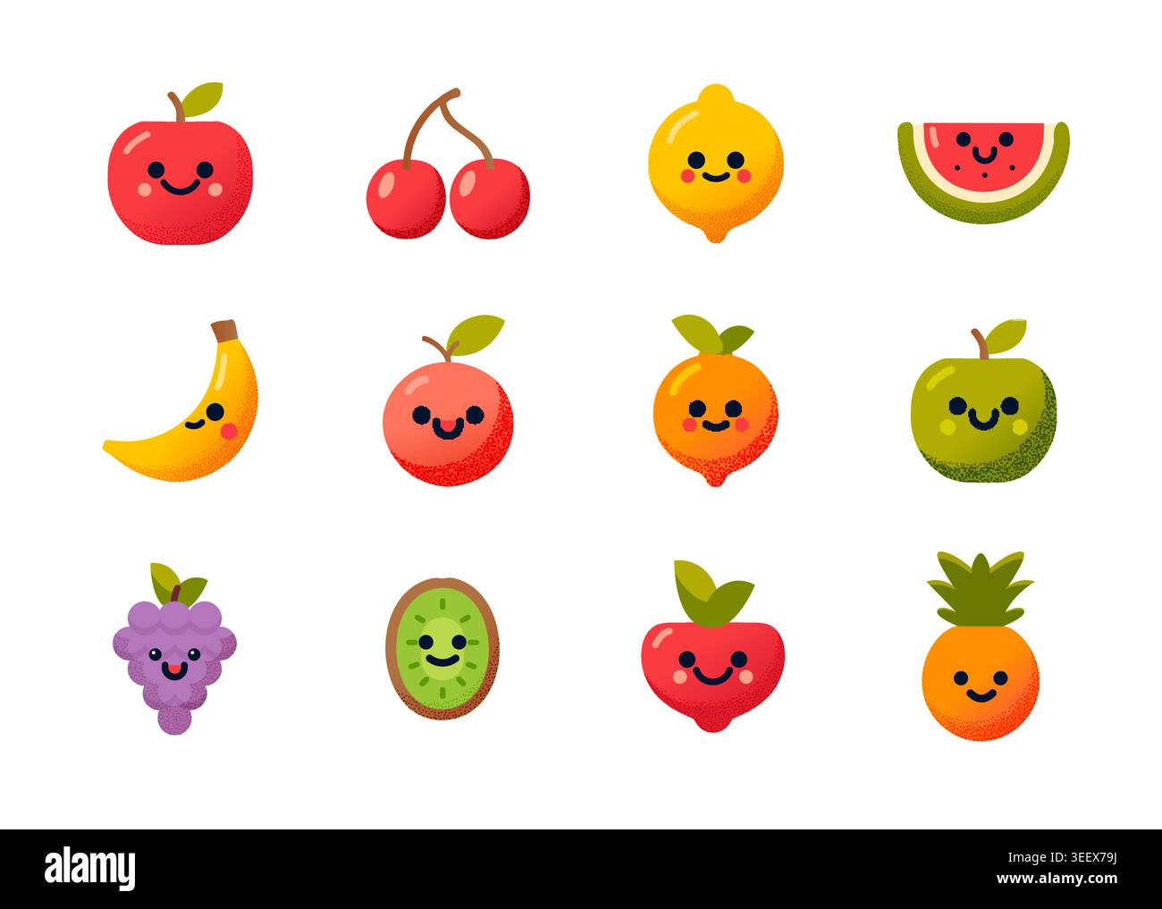 Personaggi Kawaii Fruit icone cartoni animati cartoni animati. Bacche tropicali fresche e salutari agrumi mele banana ananas anguria design giocoso per bambini Illustrazione Vettoriale