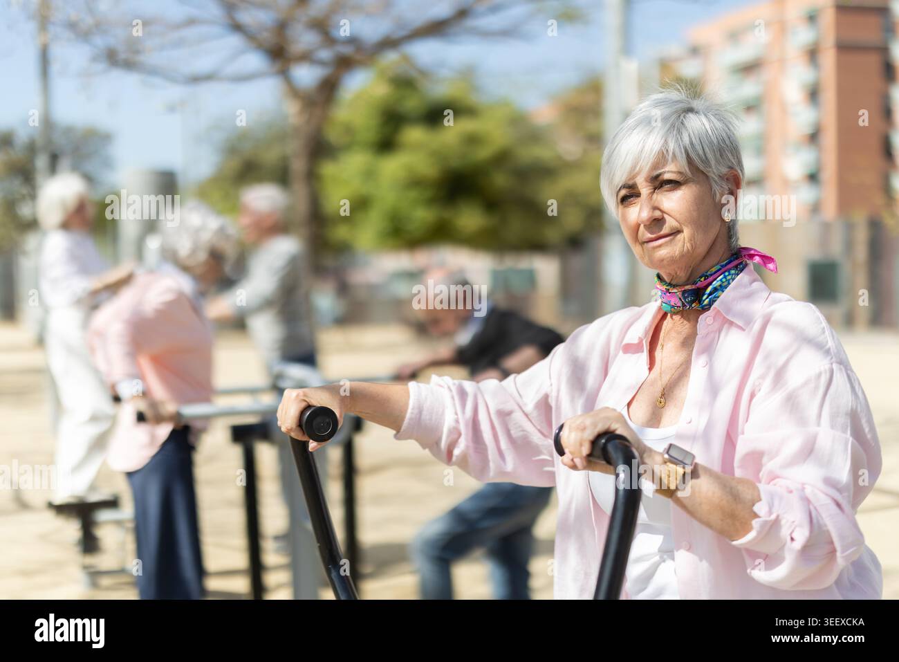 Gruppo di persone anziane che esercitano utilizzando l'attrezzatura nel cortile Foto Stock