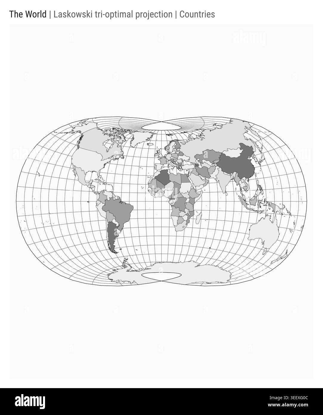 Mappa del mondo. Proiezione ottimale Laskowski. Stile country. Mappa mondiale dettagliata per infografiche, istruzione, report e presentazioni. Illustrazione Vettoriale