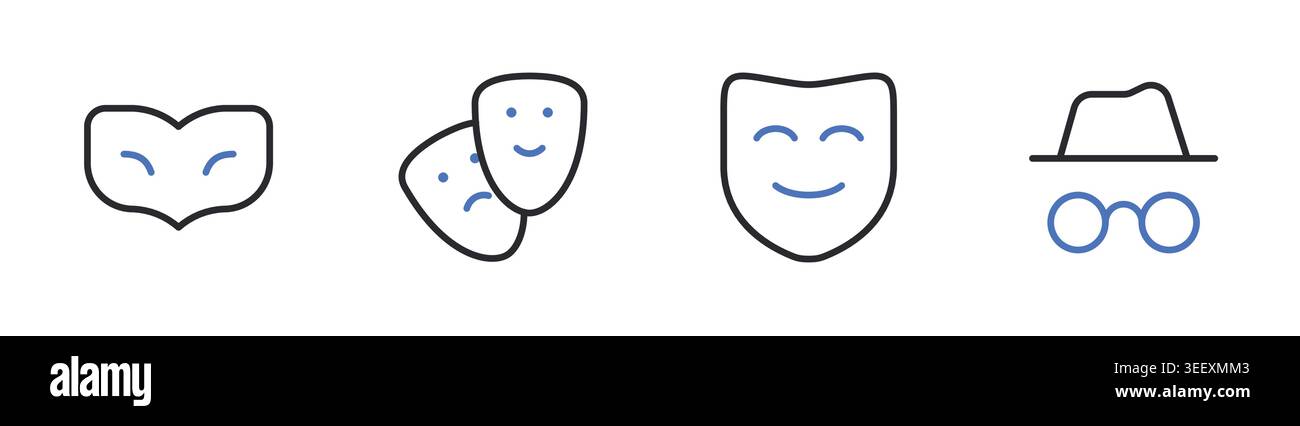 Le icone della spia hacker e della linea di faccia anonima impostano l'illustrazione del vettore di traccia modificabile. Illustrazione Vettoriale