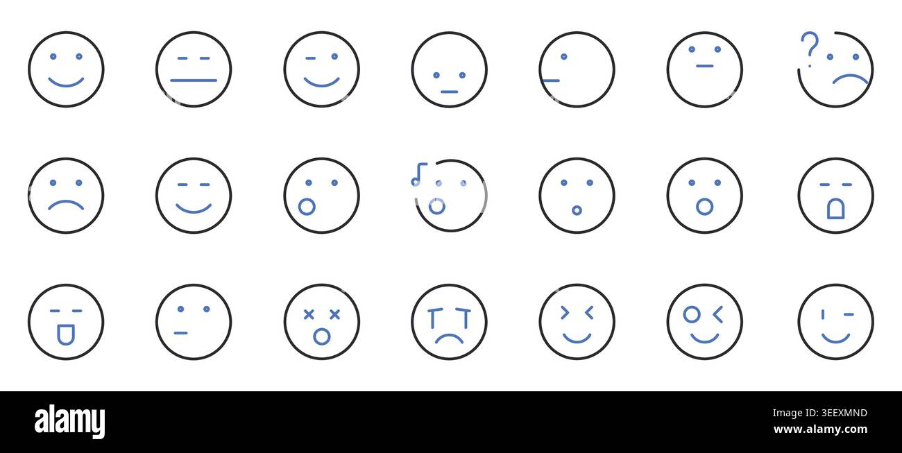 Icone emoticon e linea di espressione facciale Imposta illustrazione vettore traccia modificabile. Illustrazione Vettoriale