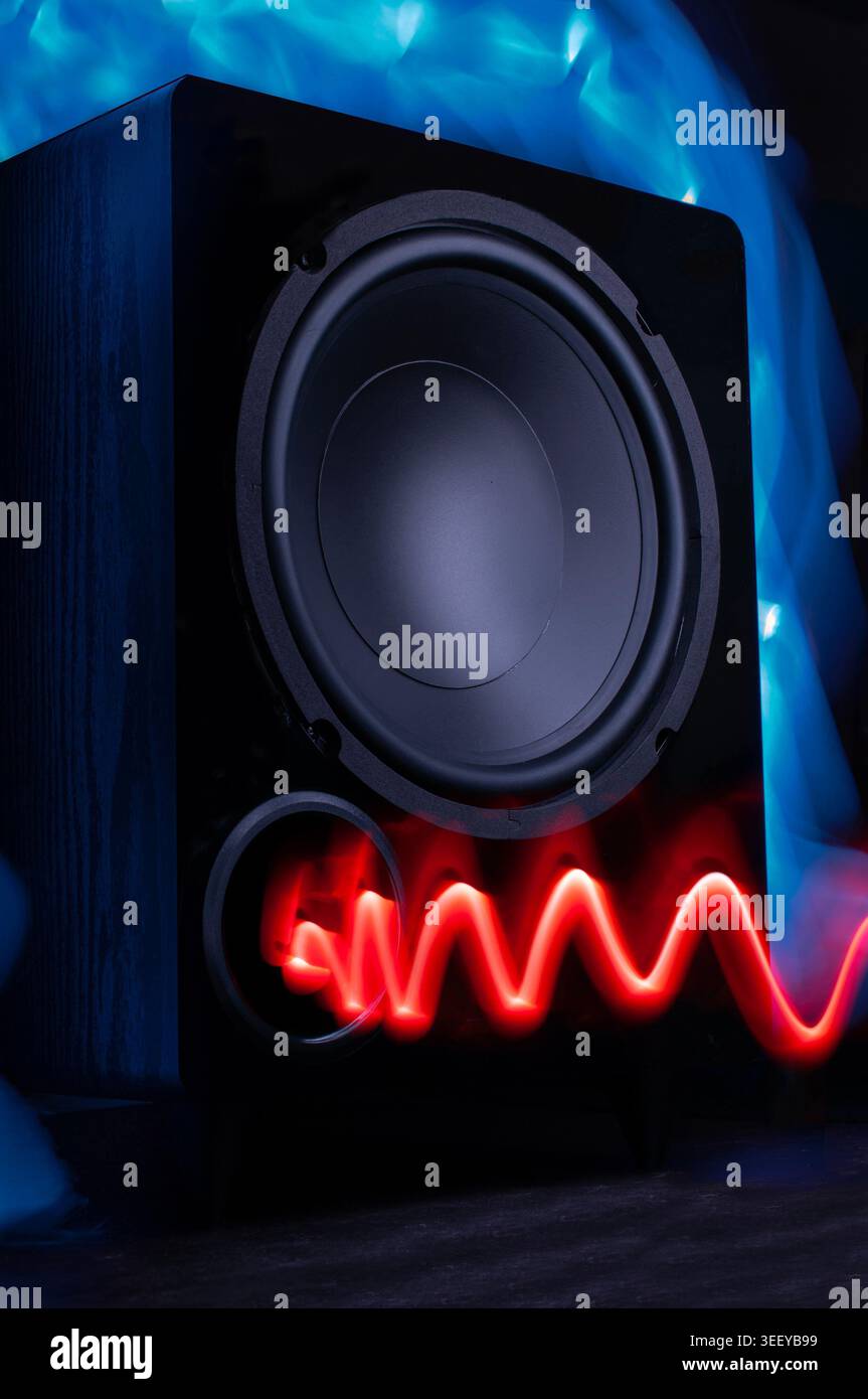 Sistema audio ad alta fedeltà, altoparlanti di tipo subwoofer per riprodurre le basse frequenze e visualizzare le onde sonore. Altoparlanti, tecnologia audio ad alta fedeltà Foto Stock