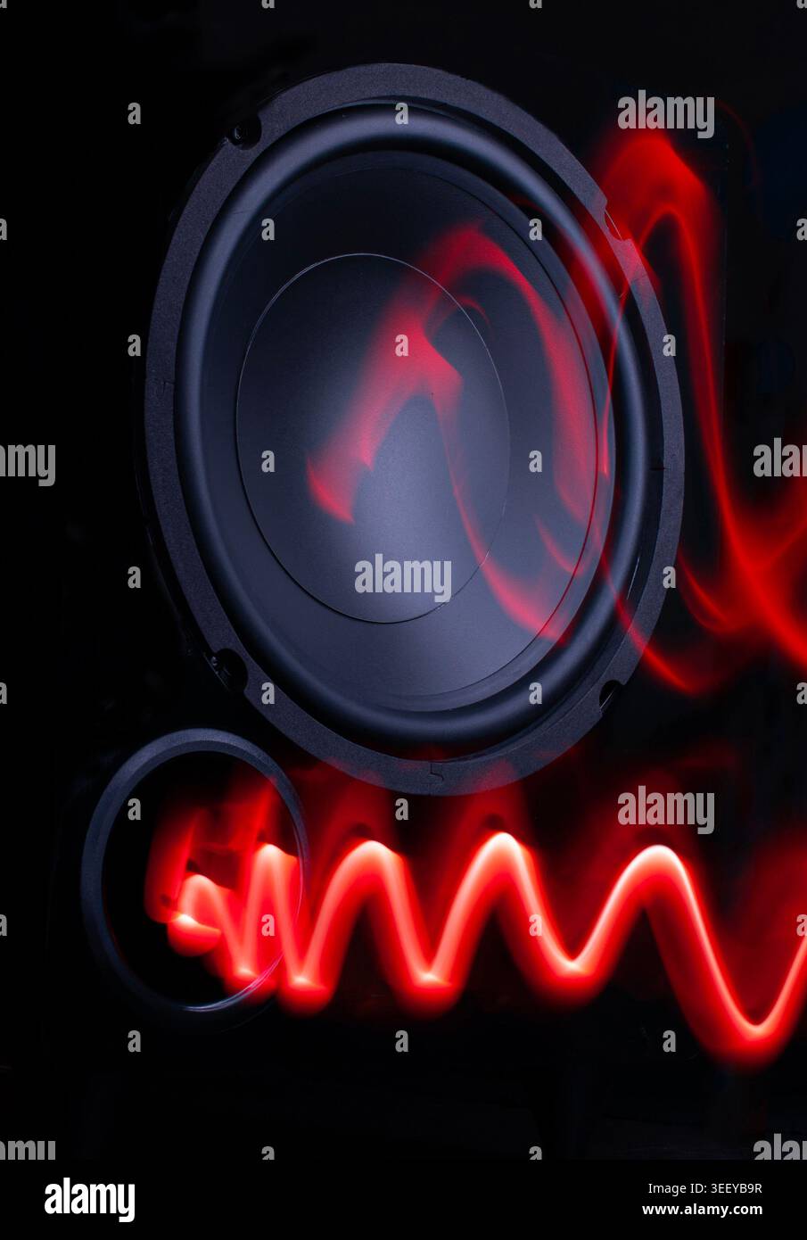 Sistema audio ad alta fedeltà, altoparlanti di tipo subwoofer per riprodurre le basse frequenze e visualizzare le onde sonore. Altoparlanti, tecnologia audio ad alta fedeltà Foto Stock