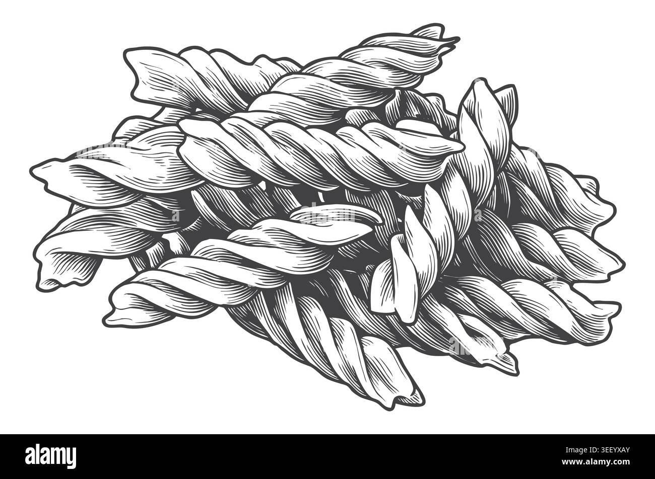 Un disegno a linee meticolosamente inciso di spirali per pasta fusilli. Una risorsa eccezionale per autentici menu del ristorante italiano. Illustrazione Vettoriale