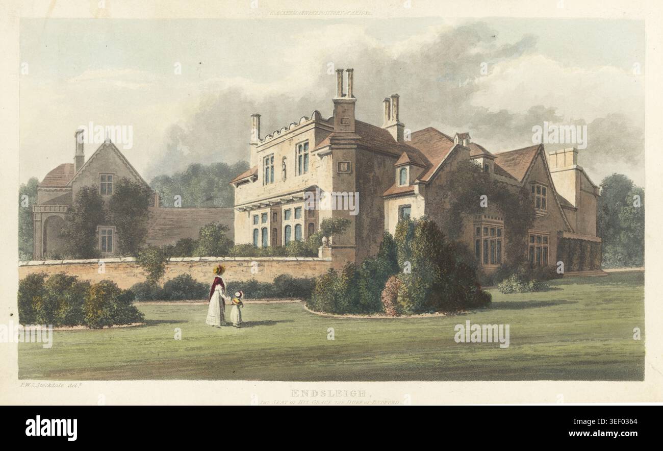 Endsleigh Cottage o Endsleigh House, Tavistock, Devon. Costruito per John Russell, vi duca di Bedford su disegno di Jeffry Wyatville, in giardini paesaggistici da Humphry Repton. Sede del Duca di Bedford. Incisione in rame colorata a mano di Frederick Wilton Litchfield Stockdale dal Repository of Arts di Rudolph Ackermann, Strand, Londra, 1823. Foto Stock