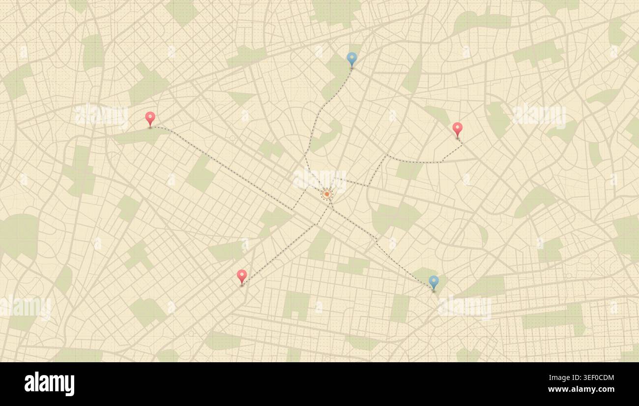 Più destinazioni. Mappa di tracciamento GPS. Tracciare i pin di navigazione sulle mappe stradali, navigare sulla tecnologia di mappatura e individuare il pin di posizione. Vettore modificabile Illustrazione Vettoriale