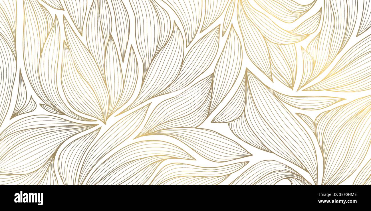 Elegante motivo floreale Art Deco con eleganti foglie dorate e fondo ondulato. Illustrazione vettoriale ornamento giapponese con tropicale Illustrazione Vettoriale