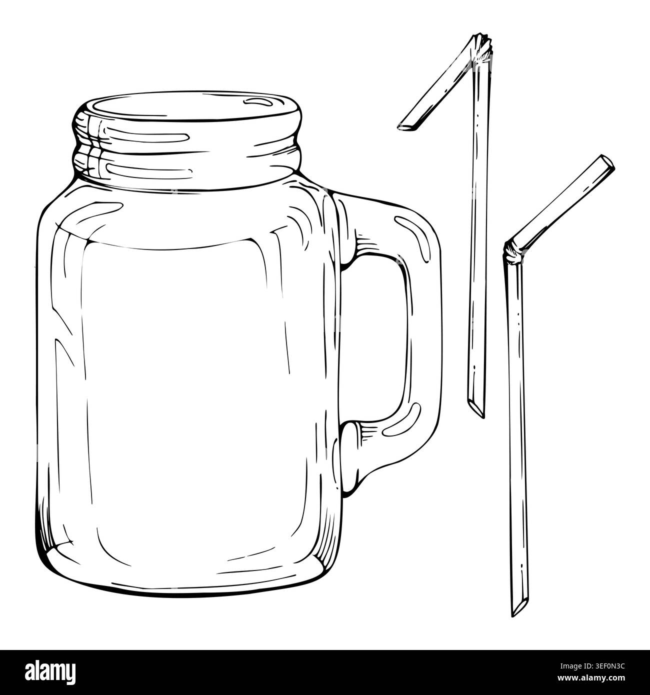 Tazza da barattolo per muratore tazza rustica con manico e apertura a bocca larga, classico stile cascina, cannucce in plastica. Vettore di inchiostro isolato disegnato a mano Illustrazione Vettoriale