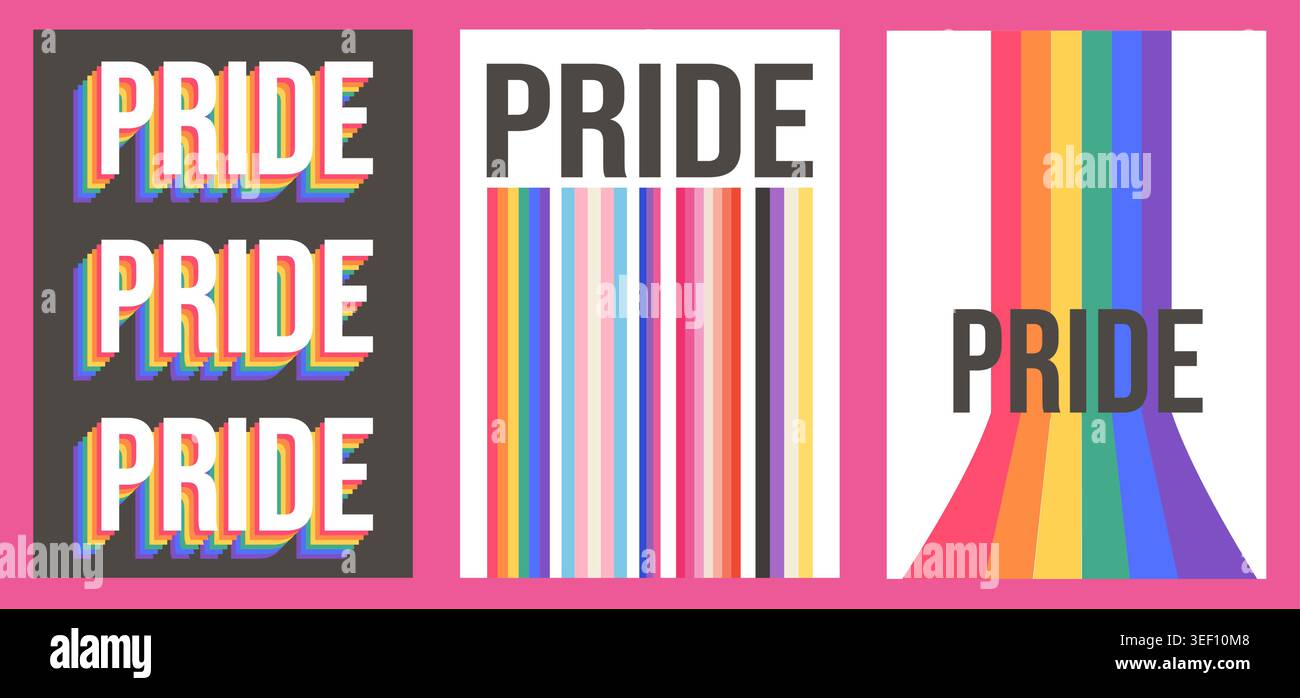 Set di poster Neo-Modernist Pride con caratteri tipografici anni '70 e bandiere LGBTQIA. Arte da parete della galleria LGBTQ, striscioni verticali geometrici retrò per un queer inclusivo Illustrazione Vettoriale