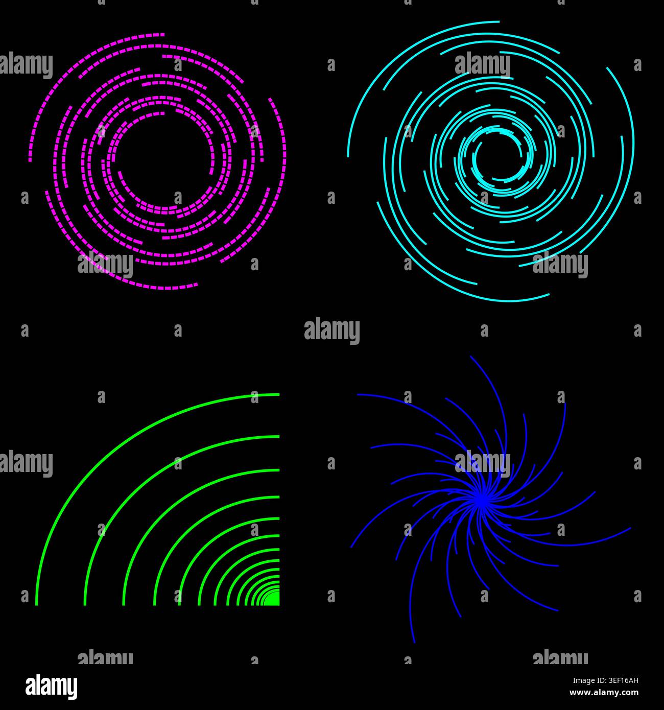 Grafica astratta sofisticata. Sfondo nero professionale. Brillante vettore a spirale. Eccezionale illustrazione della curva al neon. Illustrazione Vettoriale
