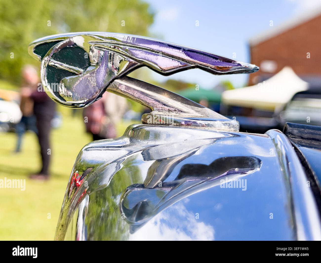 Primo piano di un cofano Wolseley cromato su un veicolo d'epoca in occasione di una mostra di auto d'epoca britannica nel Regno Unito Foto Stock