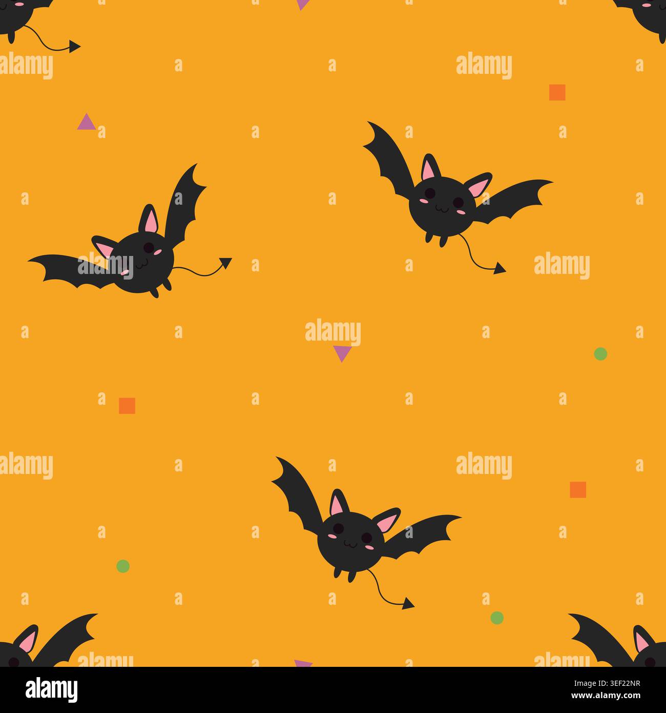 Adorabile pipistrello nero senza cuciture con giocosi elementi di Halloween su sfondo arancione brillante. Perfetto per tessuti, carta da imballaggio, carta da parati, textil Illustrazione Vettoriale