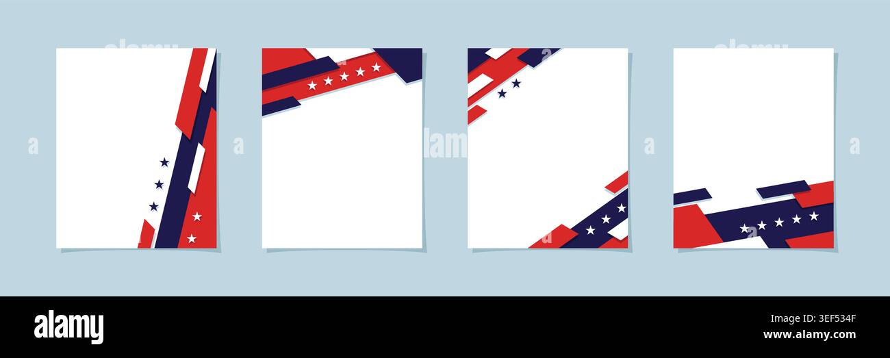 Set collezione di sfondo verticale American flag Element con stelle e forme geometriche astratte in rosso e blu, con spazio di copia per il testo. Illustrazione Vettoriale