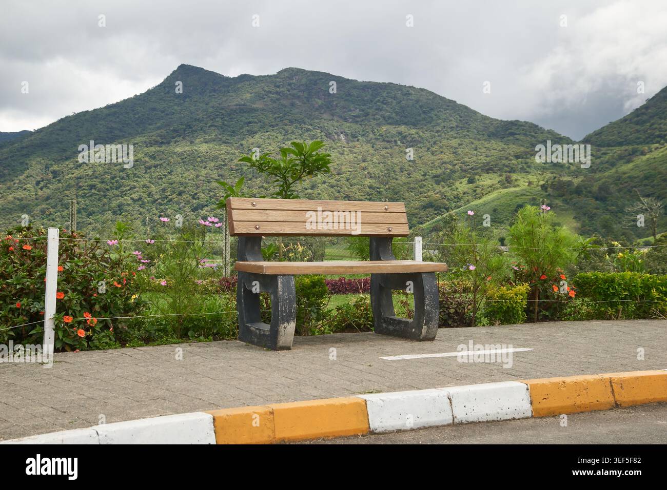 panca vuota in legno sul marciapiede con giardino fiorito, sfondo verde di montagna, vista laterale del paesaggio del parco e tranquilla area di riposo Foto Stock