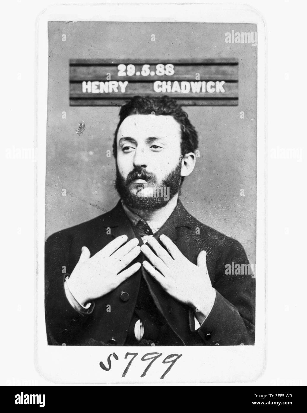 Un ritratto a mezza lunghezza di Henry Chadwick, scattato il 29 maggio 1888, con il soggetto rivolto leggermente a sinistra con le mani alzate. Foto Stock