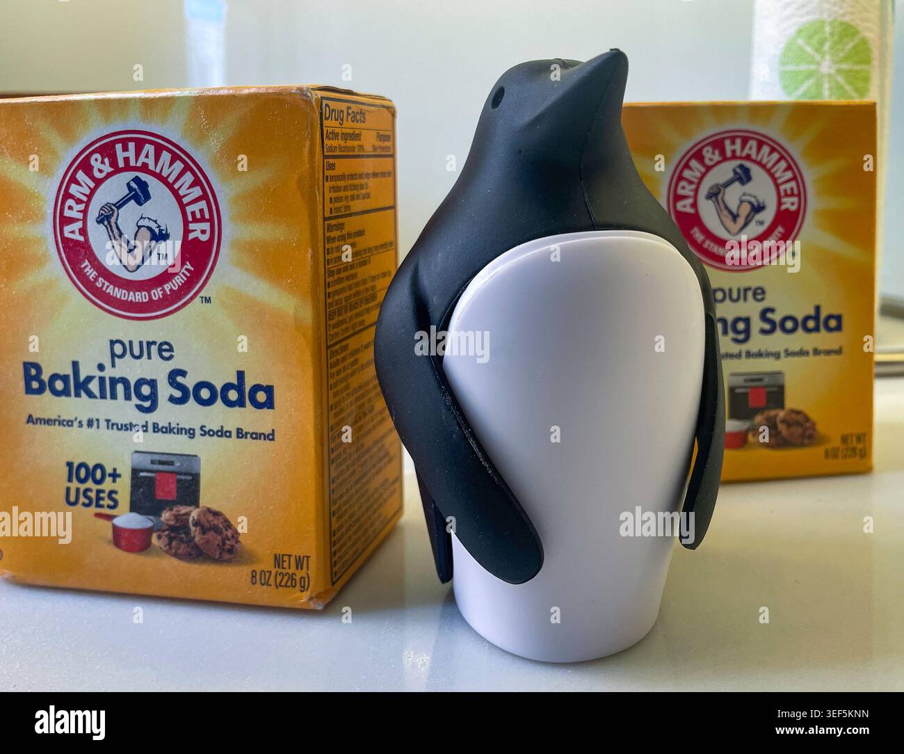 STILL Life of 'Chill Bill' The Refrigerator Pinguin Soda Holder and Boxes of Arm & Hammer, 2026, Stati Uniti Foto Stock