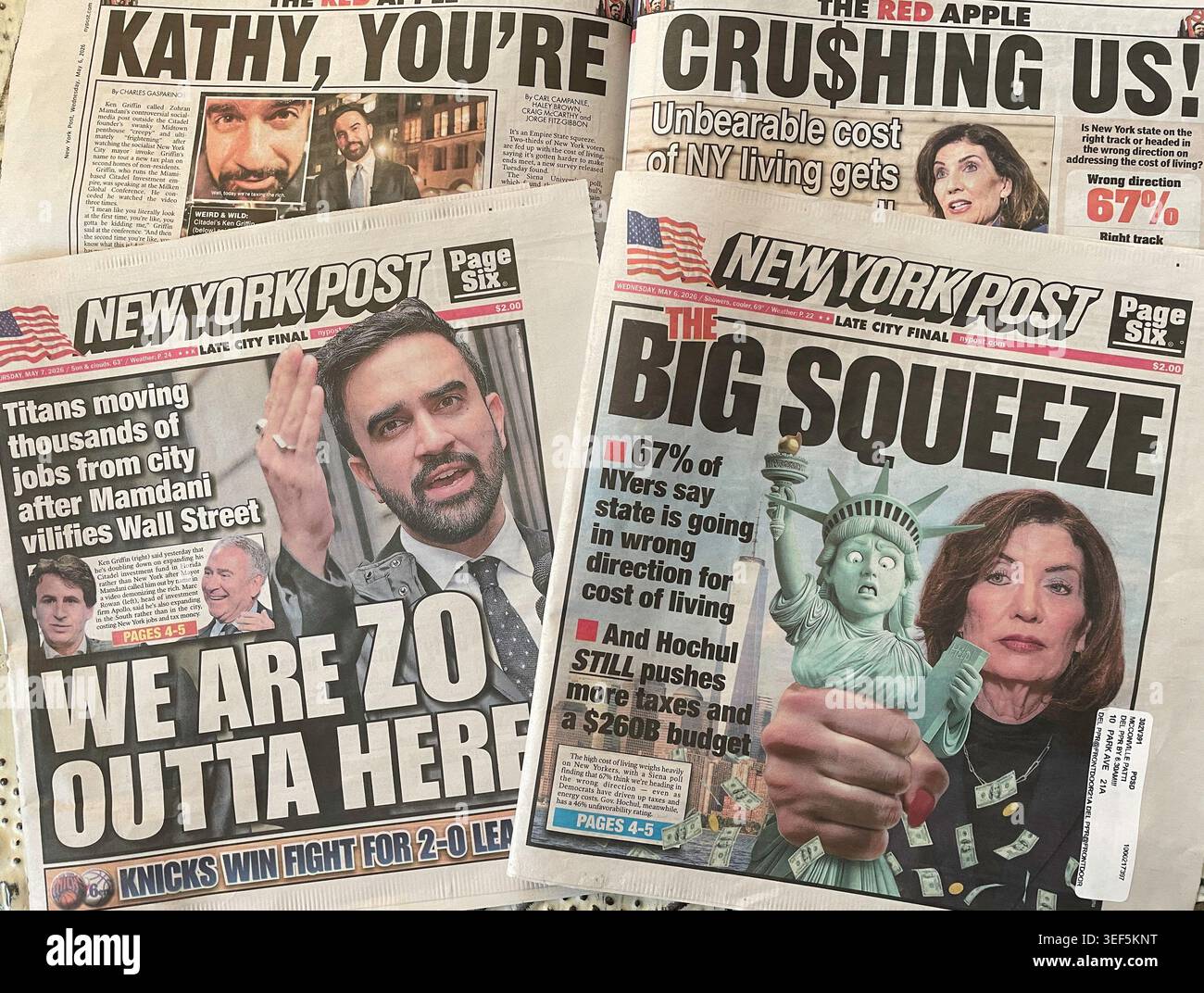 Still Life New York Post collage di giornale del governatore Hochul e Zohran Mamdani tassa socialista The Rich Beliefs, New York City and State, USA, 2026 - Immagine stock catturata con smartphone