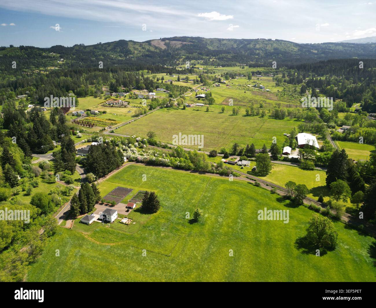 Vista aerea delle fattorie rurali e della campagna della contea di Clark, Washington Foto Stock