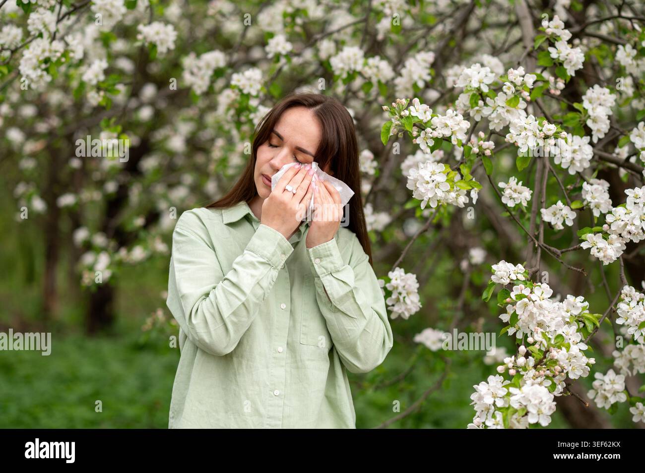 Primo piano di una giovane donna che pulisce lacrime o graffiano gli occhi pruriti con un fazzoletto di carta vicino alla fioritura di un melo nel frutteto primaverile, un sym di polline allergico stagionale Foto Stock