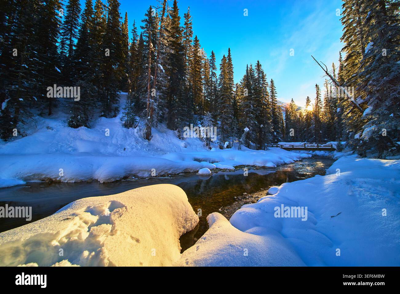 Winter River Snowbank e Evergreen Forest con Sunburst nella tranquilla natura selvaggia Foto Stock