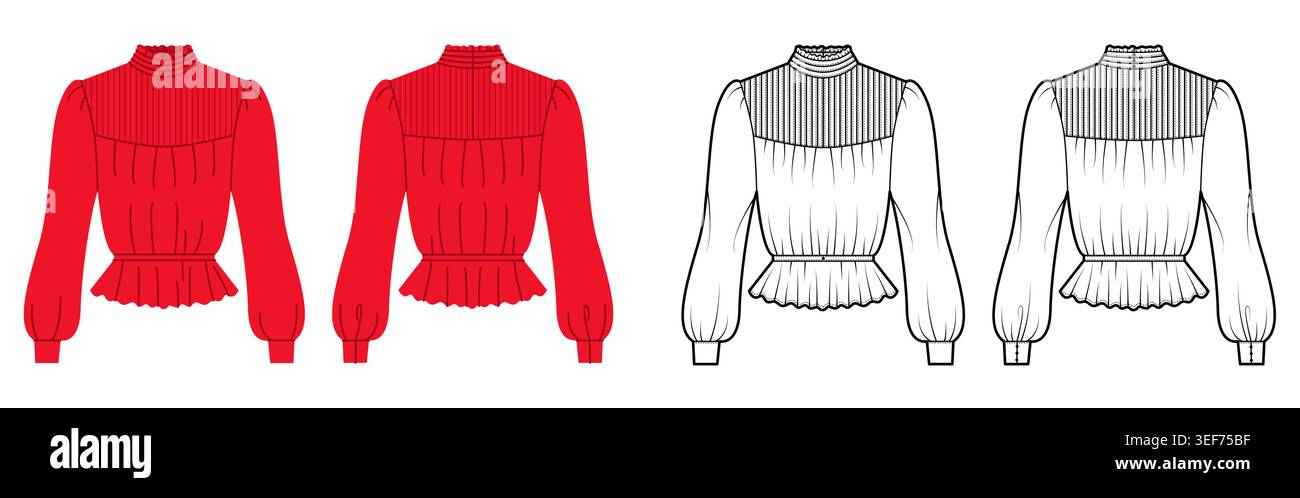 Blusa con scollatura con volant alto, giogo a pieghe e orlo con prugna maniche lunghe vita aderente che creano una silhouette elegante e femminile con una forma strutturata. Illustrazione tecnica di moda in bianco e nero, vista anteriore e posteriore. Vettore Illustrazione Vettoriale