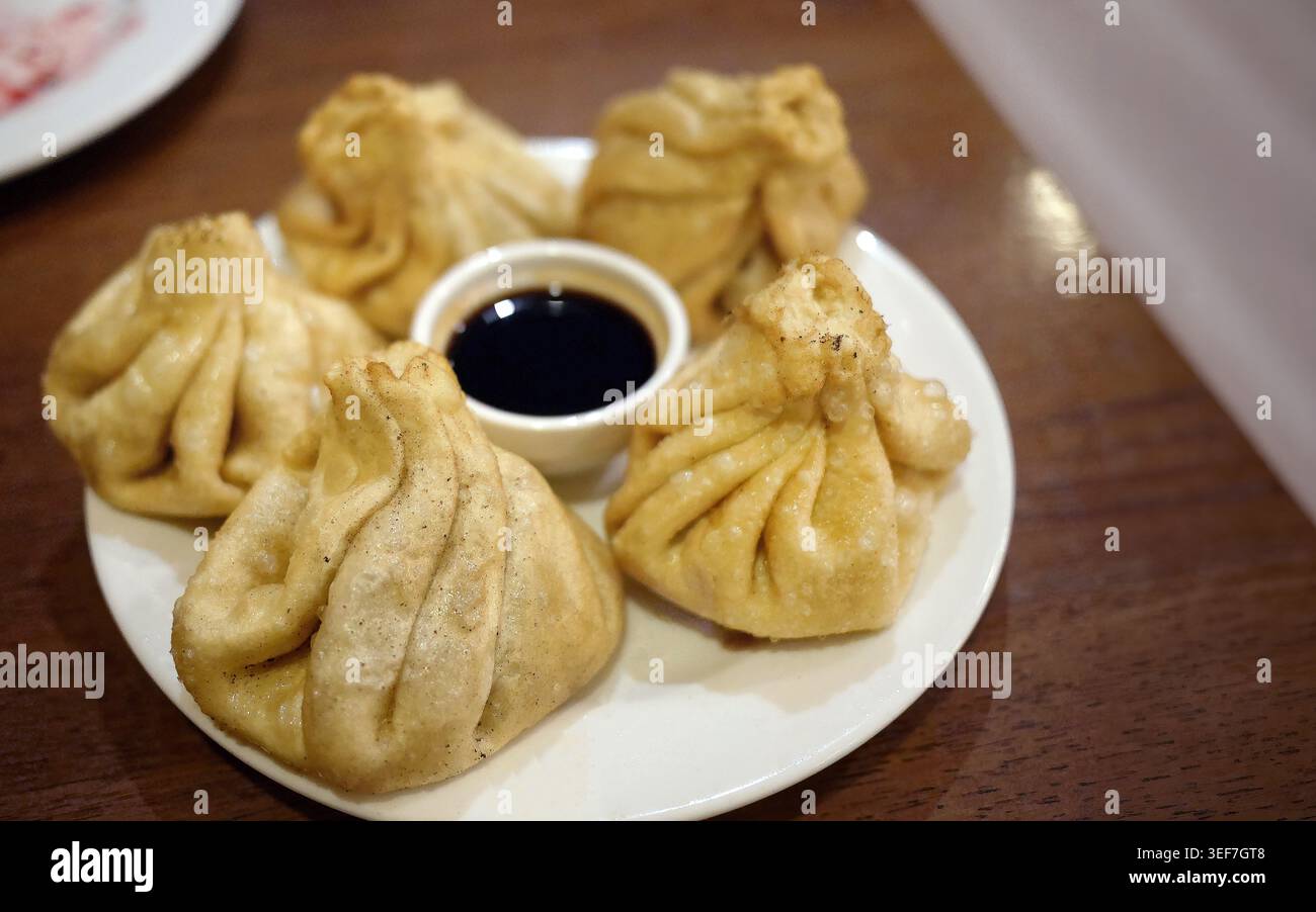 Autentici gnocchi di khinkali georgiani serviti su un piatto. Questo tradizionale piatto caucasico presenta sacchetti di pasta ritorto ripieni di carne speziata. Ideale Foto Stock