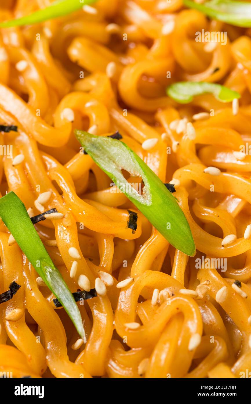 Spaghetti al Ramen istantanei piccanti in una ciotola con Scallions Foto Stock