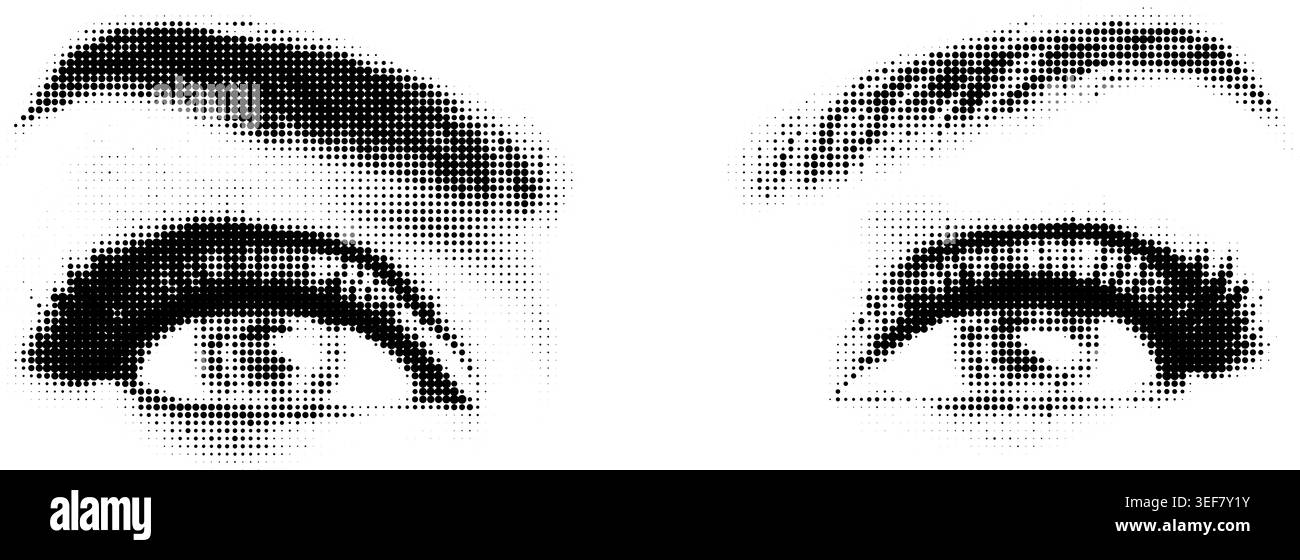 Rendering a mezzitoni con dettagli elevati di due occhi aperti con Iris visibili, pupille e ciglia spettacolari. Ideale per editoriali, cosmetici o retrò col Illustrazione Vettoriale