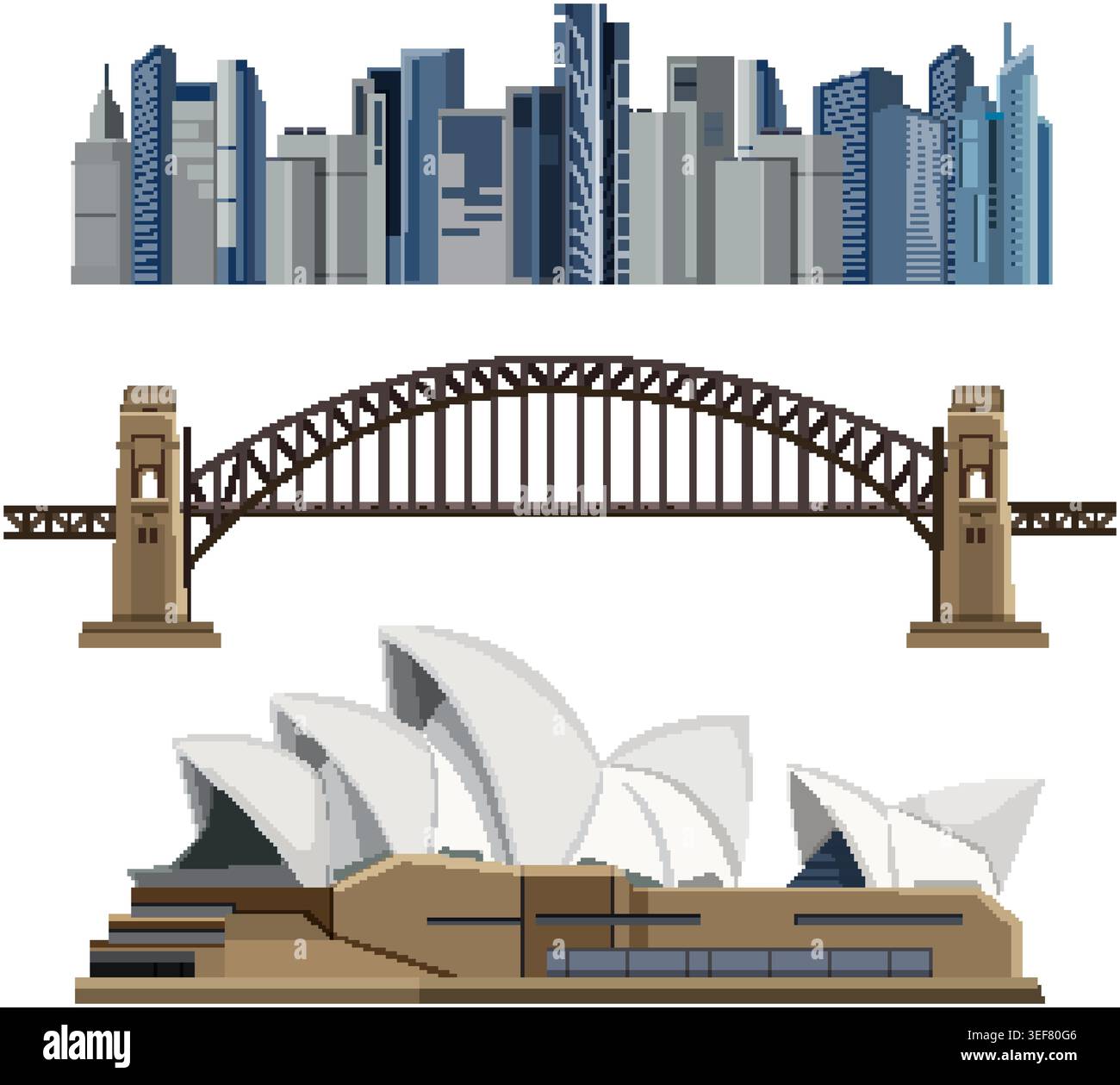 Dettagliate illustrazioni vettoriali piatte dei monumenti della città australiana isolate su uno sfondo bianco Illustrazione Vettoriale