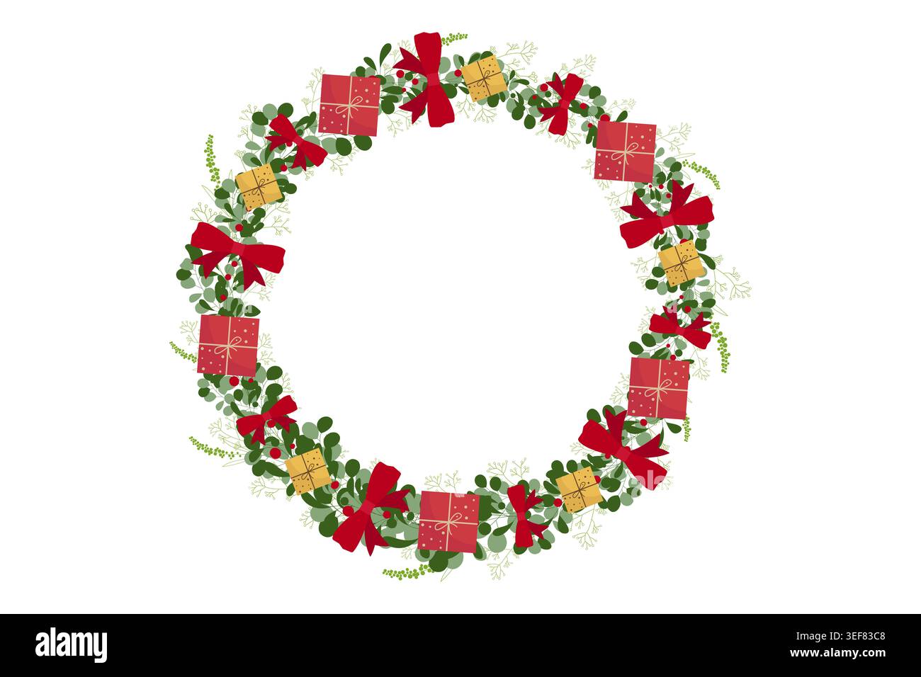 Corona natalizia con vischio, scatole regalo rosse e dorate e archi rossi, isolata su sfondo bianco, illustrazione dal design piatto Foto Stock