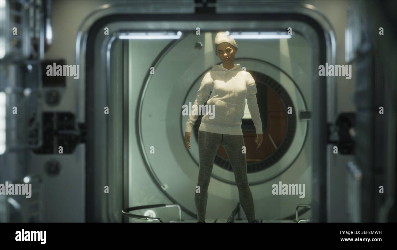 Astronauta donna su un'astronave futuristica che galleggia nello spazio. interno della stazione spaziale Foto Stock
