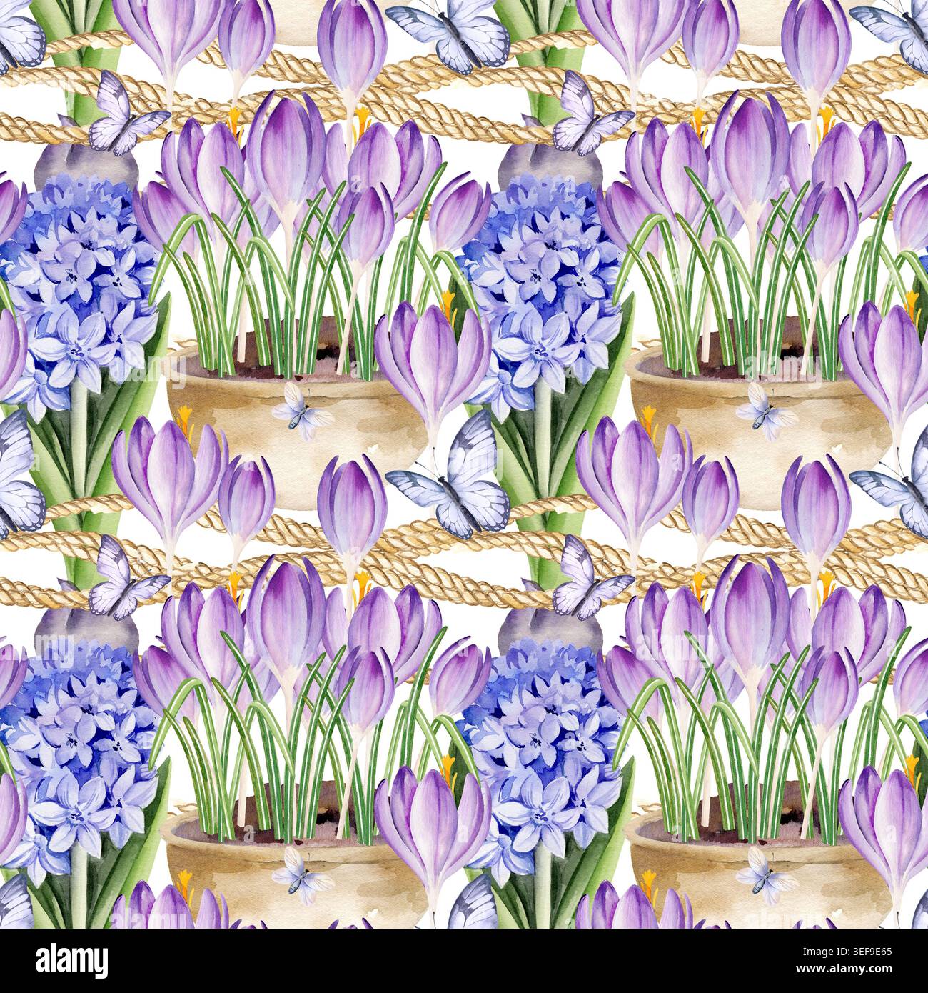 giacinti blu, fiori di croci in vaso di ceramica, farfalle volanti, corda beige, acquerello blu disegnato a mano, fiori lilla con foglie verdi, senza cuciture Foto Stock