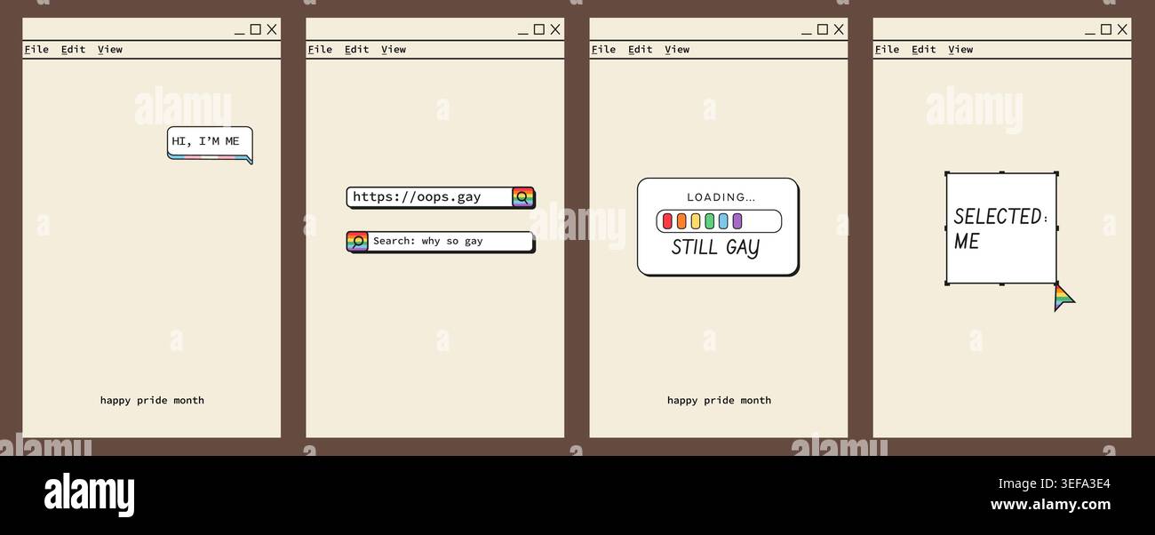Set di striscioni verticali LGBTQ Pride Month con grafica retro computer OS. Modelli di storia dei social media con interfaccia utente vintage anni '90 Illustrazione Vettoriale