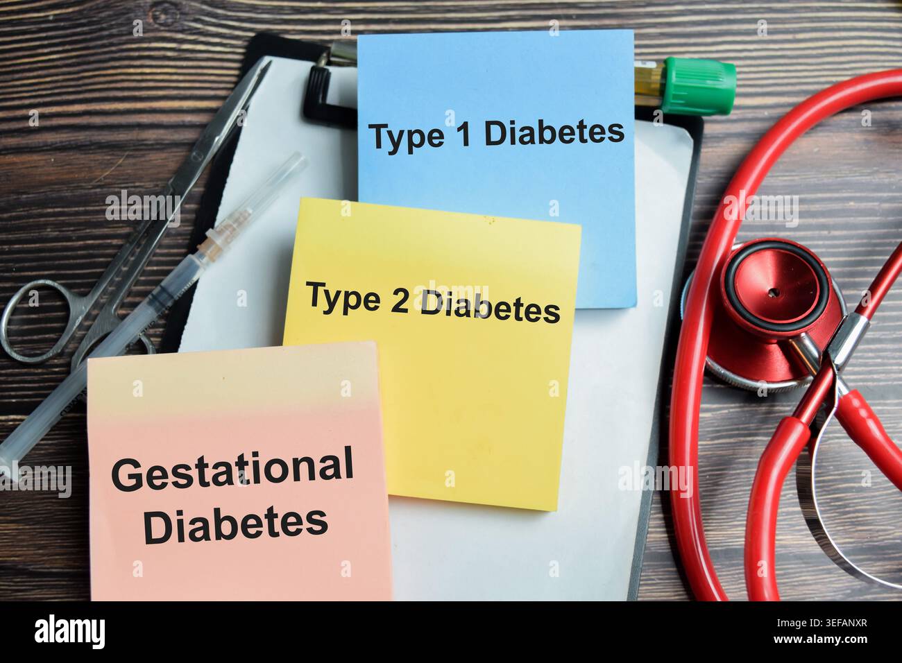 Concetto di diversi tipi di diabete scrivere su note appiccicose isolate su un tavolo di legno. Diabete di tipo 1 e tipo 2, diabete gestazionale Foto Stock