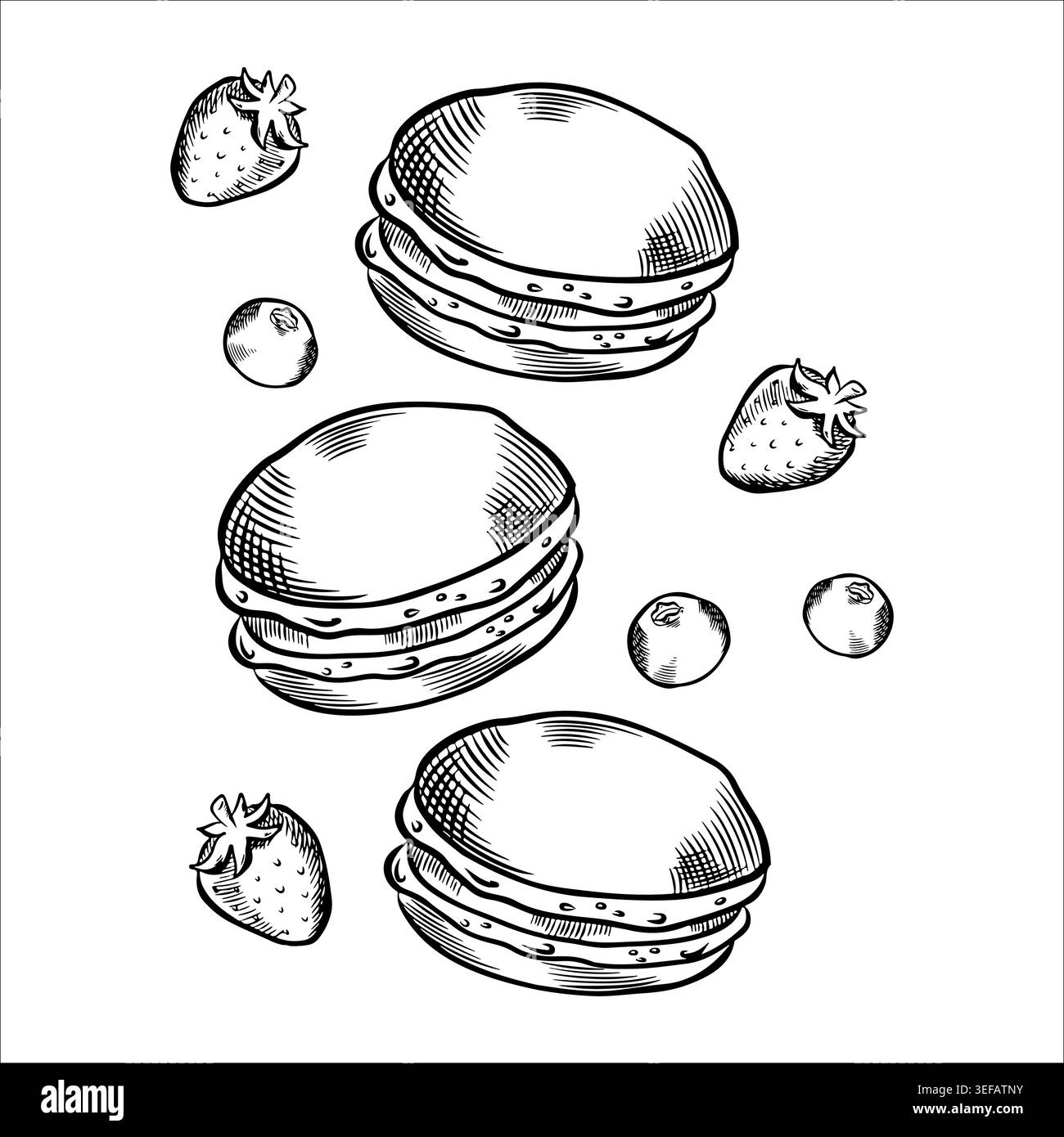 Composizione con dolci vettoriali, macaron con frutti di bosco. Macaron, dolci e torte per menu, decorazioni ed elementi. Illustrazione Vettoriale