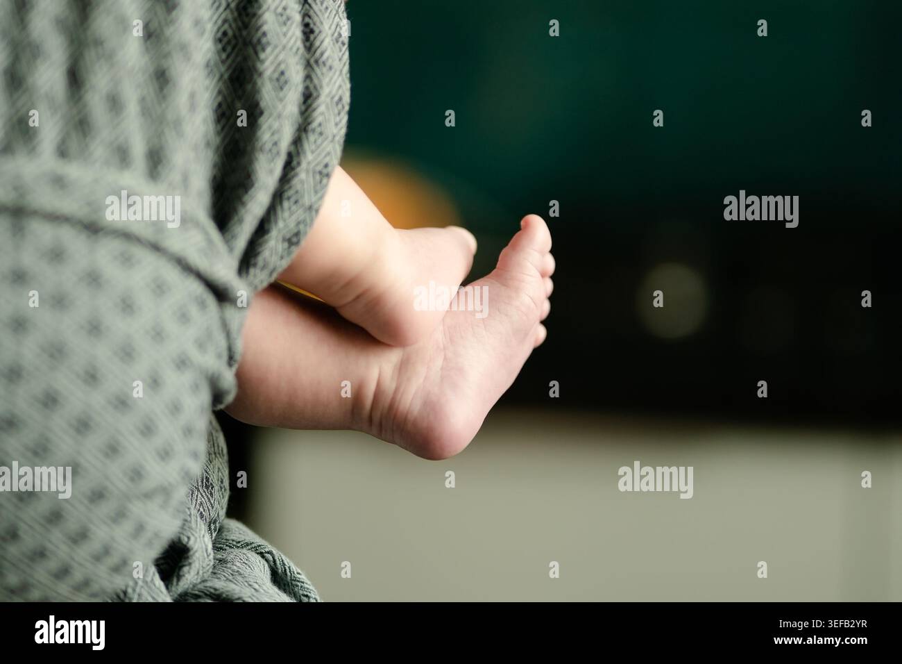 Padre amorevole che tiene i neonati piccoli piedi nel portabicchieri Foto Stock